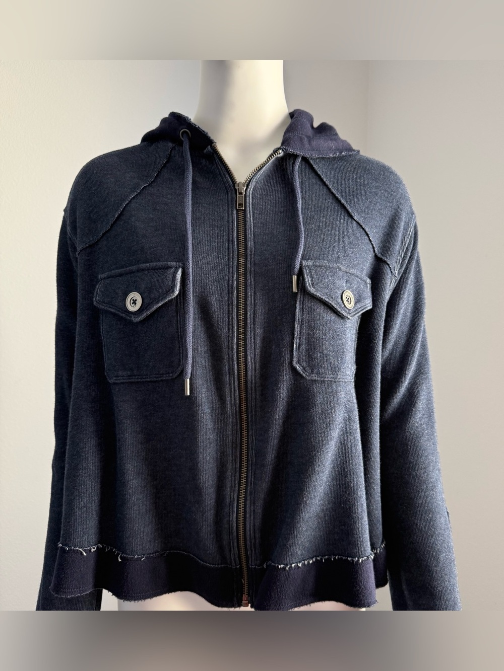Free People Men's Navy Hooded Zip Jacket with Chest Pockets